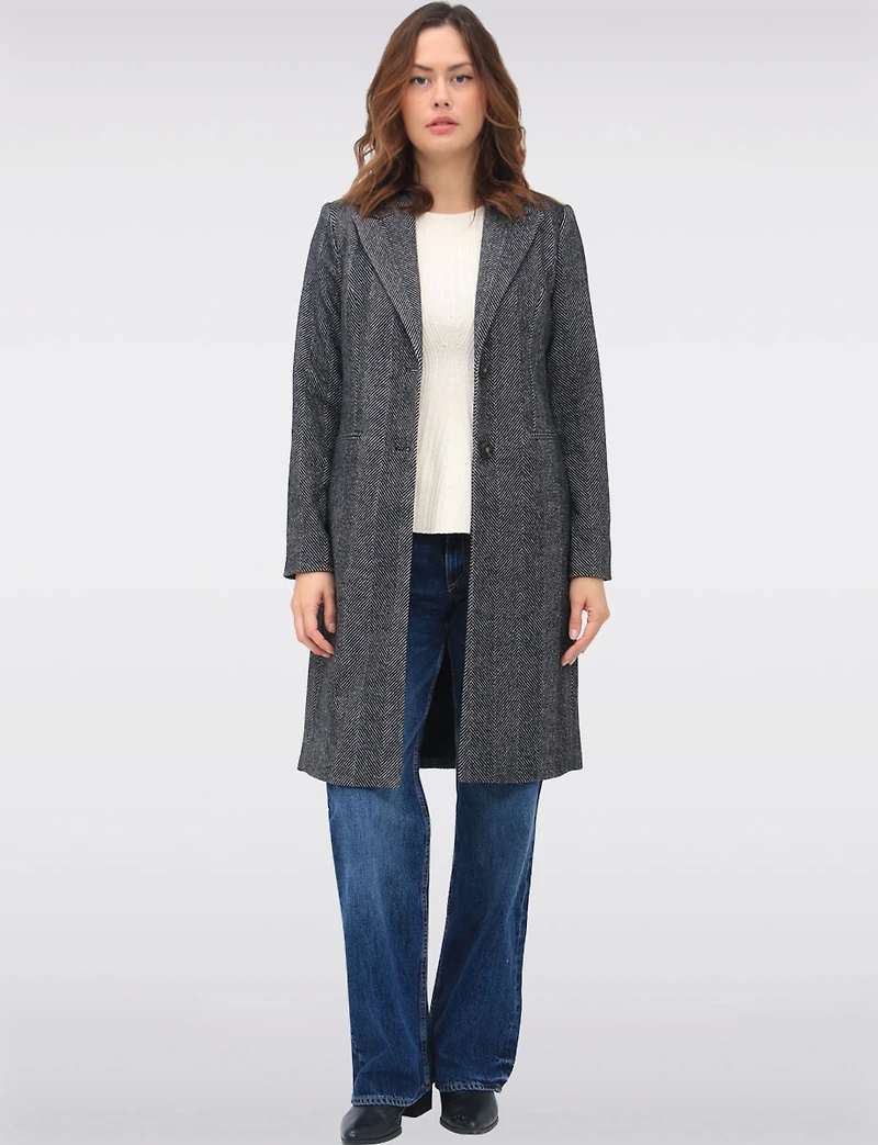 Straight Knee Length Wool-Blend Single-Breasted Herringbone Coat by Vero Moda