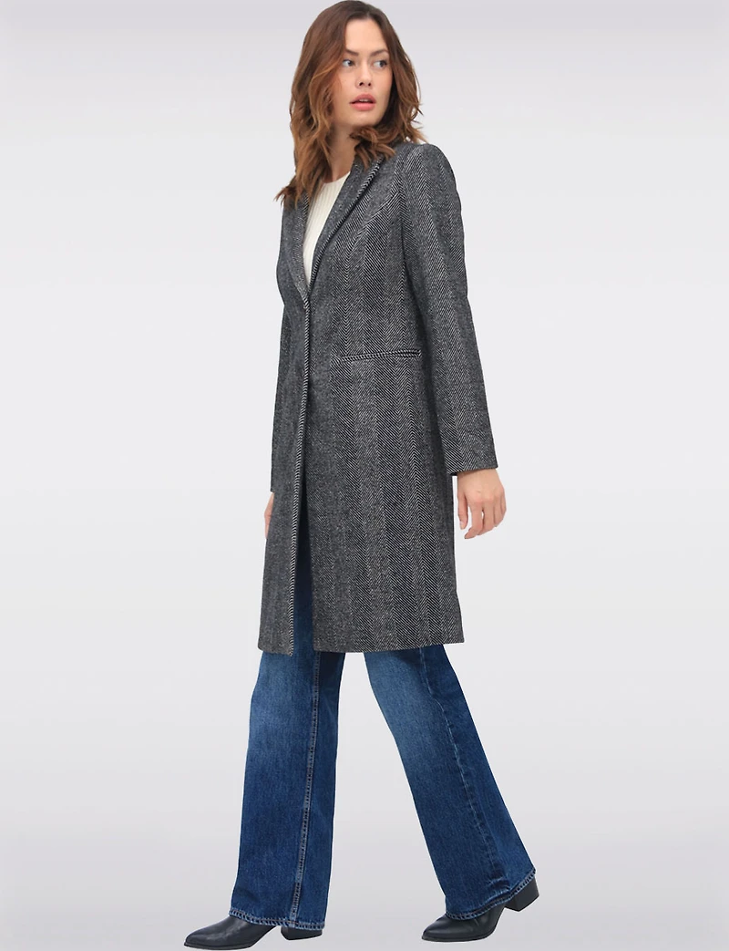 Straight Knee Length Wool-Blend Single-Breasted Herringbone Coat by Vero Moda