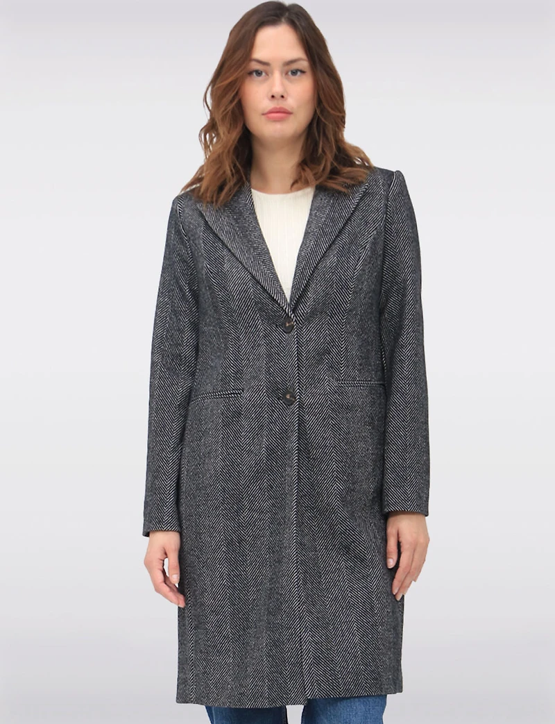 Straight Knee Length Wool-Blend Single-Breasted Herringbone Coat by Vero Moda