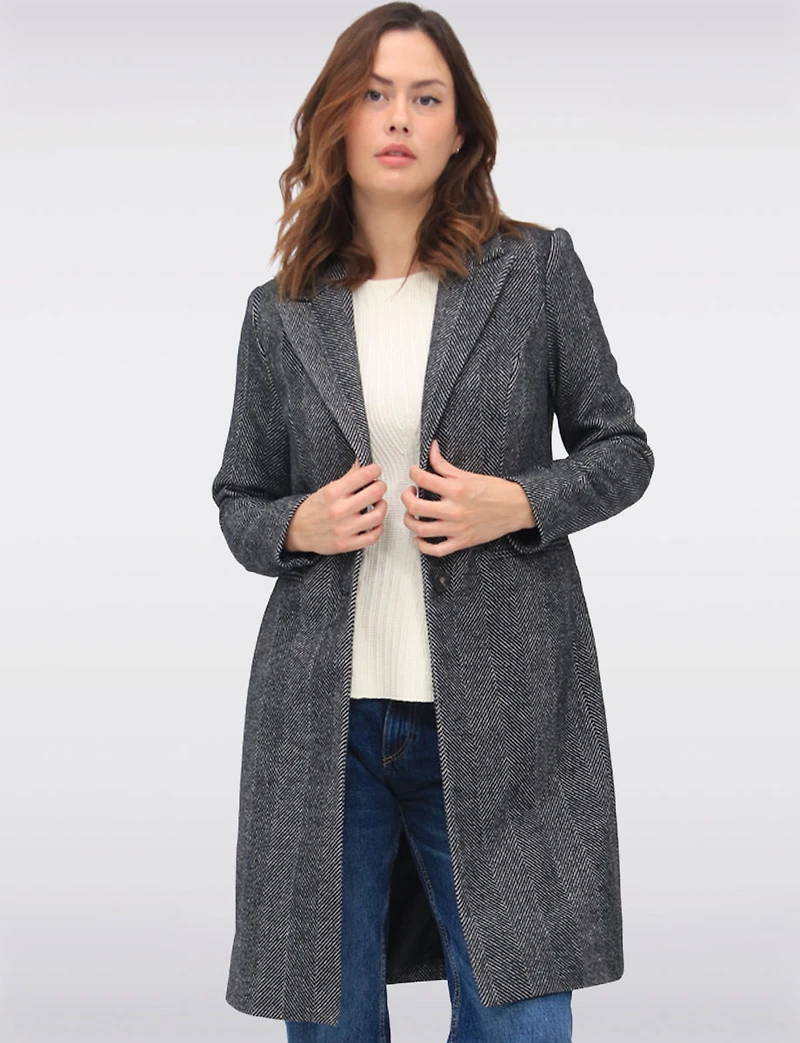 Straight Knee Length Wool-Blend Single-Breasted Herringbone Coat by Vero Moda