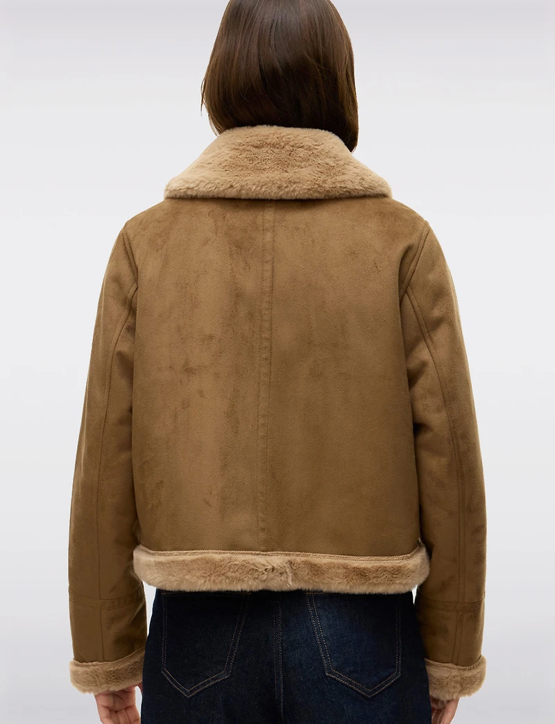 Ultra-Soft Faux Fur Trim & Lining Suede Cropped Zip-up Moto Jacket by Vero Moda