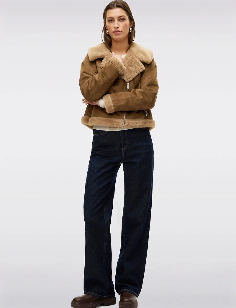 Ultra-Soft Faux Fur Trim & Lining Suede Cropped Zip-up Moto Jacket by Vero Moda