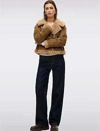 Ultra-Soft Faux Fur Trim & Lining Suede Cropped Zip-up Moto Jacket by Vero Moda