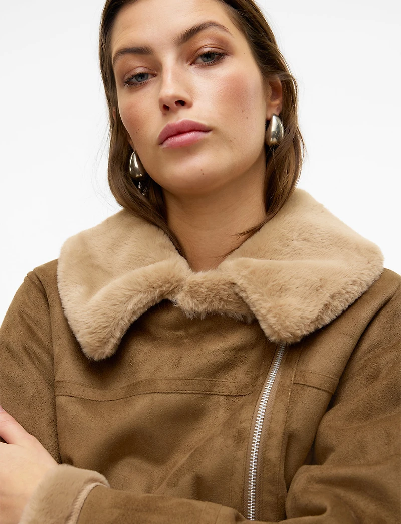 Ultra-Soft Faux Fur Trim & Lining Suede Cropped Zip-up Moto Jacket by Vero Moda