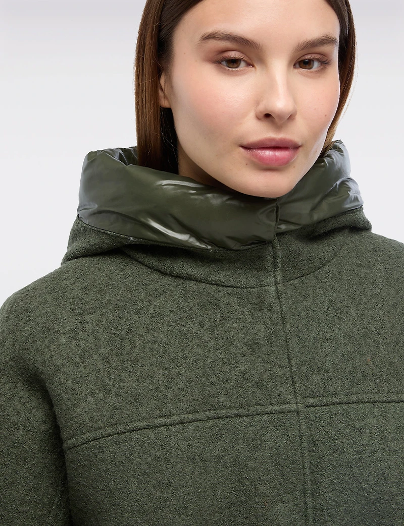 Hybrid Wool Blend Boucle Hooded Coat with Puffer Lining and Trim by Geox Respira