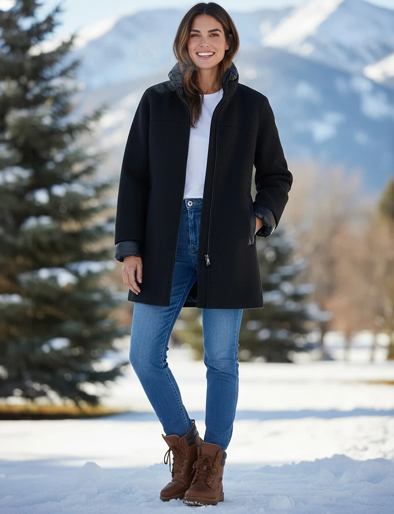 Chic Boucle Snap Closure Coat with Soft Puffer Lining and Trim by Geox Respira