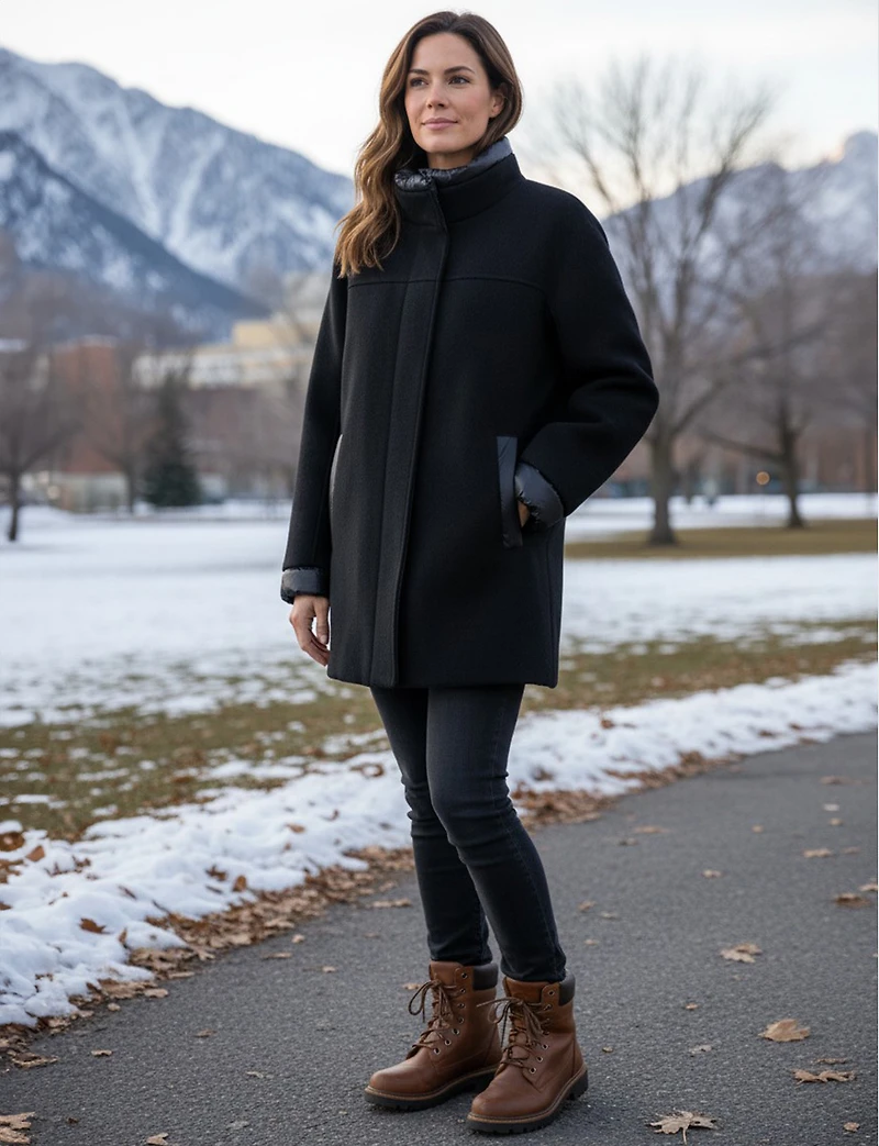 Chic Boucle Snap Closure Coat with Soft Puffer Lining and Trim by Geox Respira