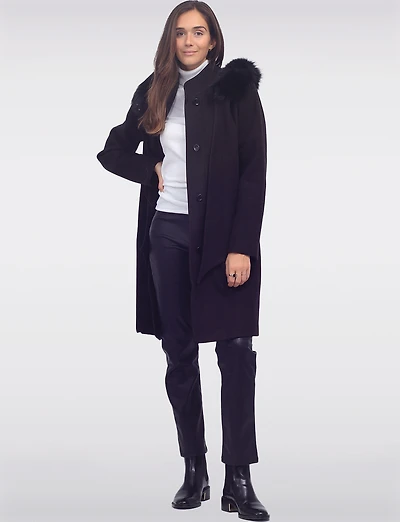 Luxurious Detachable Genuine Fur Trim Hooded Scarf Wool Blend Coat by Styla