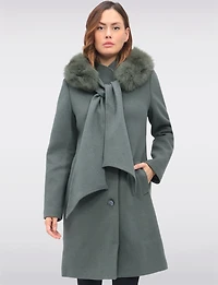 Luxurious Detachable Genuine Fur Trim Hooded Scarf Wool Blend Coat by Styla