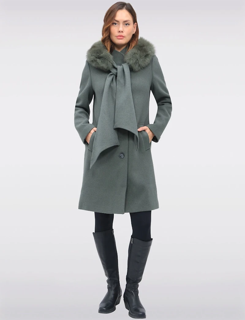 Luxurious Detachable Genuine Fur Trim Hooded Scarf Wool Blend Coat by Styla