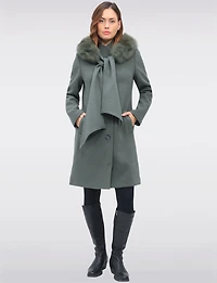 Luxurious Detachable Genuine Fur Trim Hooded Scarf Wool Blend Coat by Styla