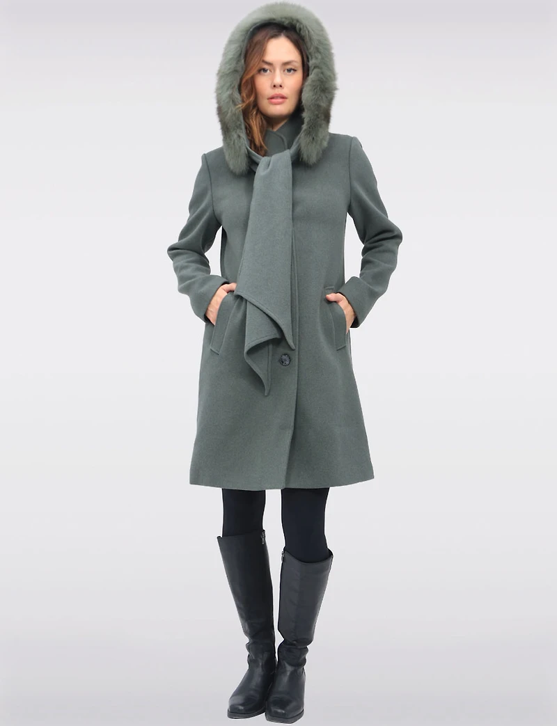 Luxurious Detachable Genuine Fur Trim Hooded Scarf Wool Blend Coat by Styla