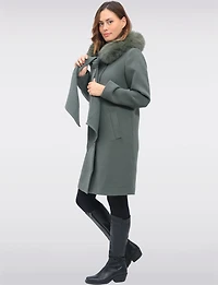 Luxurious Detachable Genuine Fur Trim Hooded Scarf Wool Blend Coat by Styla