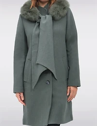 Luxurious Detachable Genuine Fur Trim Hooded Scarf Wool Blend Coat by Styla