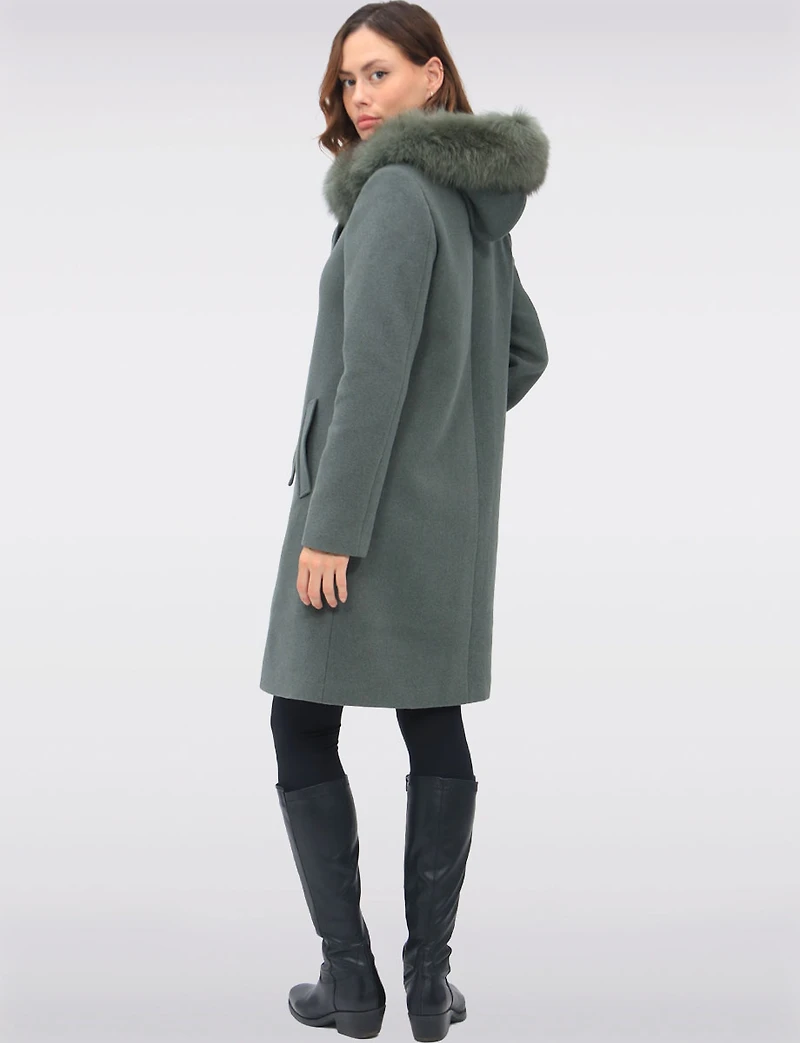 Luxurious Detachable Genuine Fur Trim Hooded Scarf Wool Blend Coat by Styla