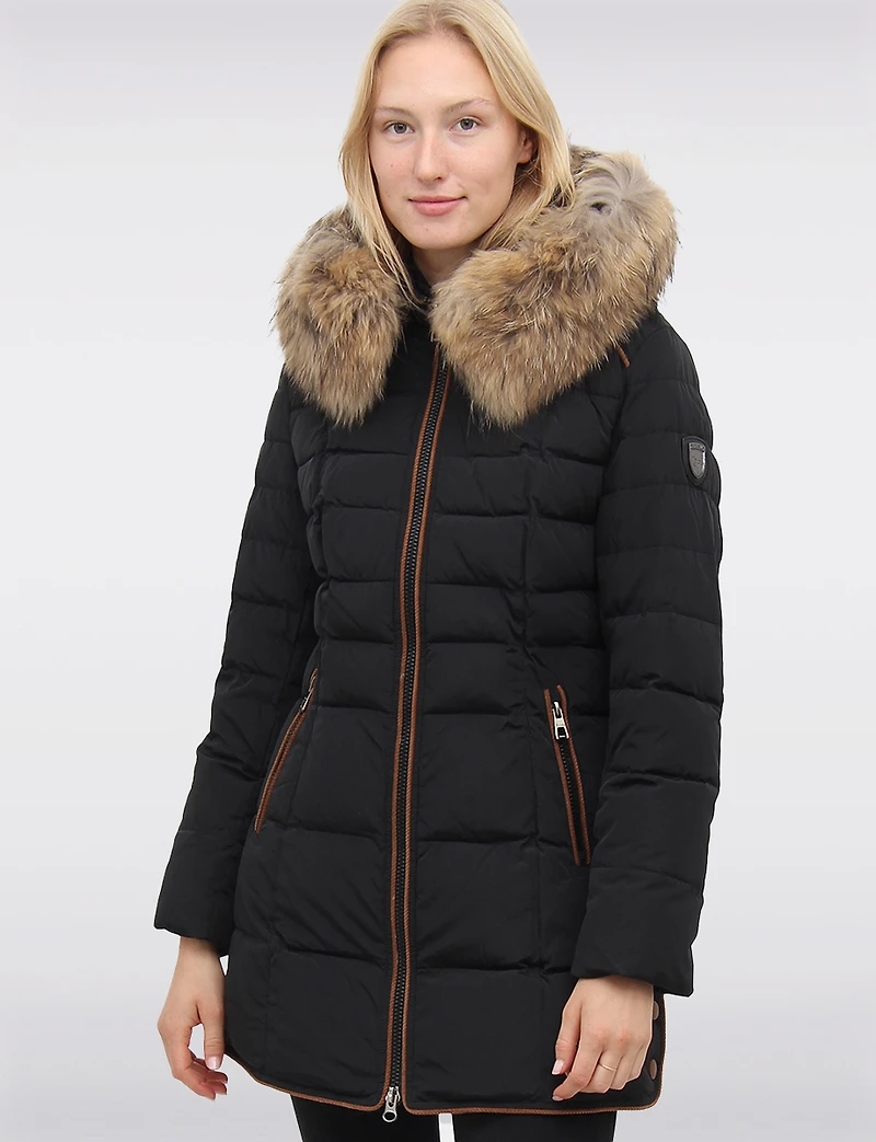 High Collar Eco-Down Polyloft® Hooded Puffer-Removable Genuine Fur Trim by Sokos