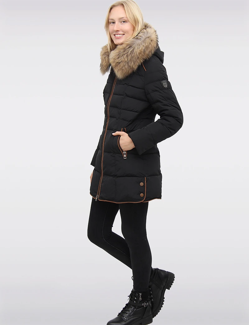 High Collar Eco-Down Polyloft® Hooded Puffer-Removable Genuine Fur Trim by Sokos