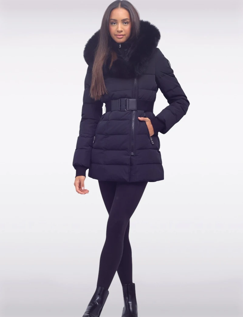 Vonne Quilted Cire Polyloft® Belted Hooded Coat with Genuine Fur Trim by Sokos