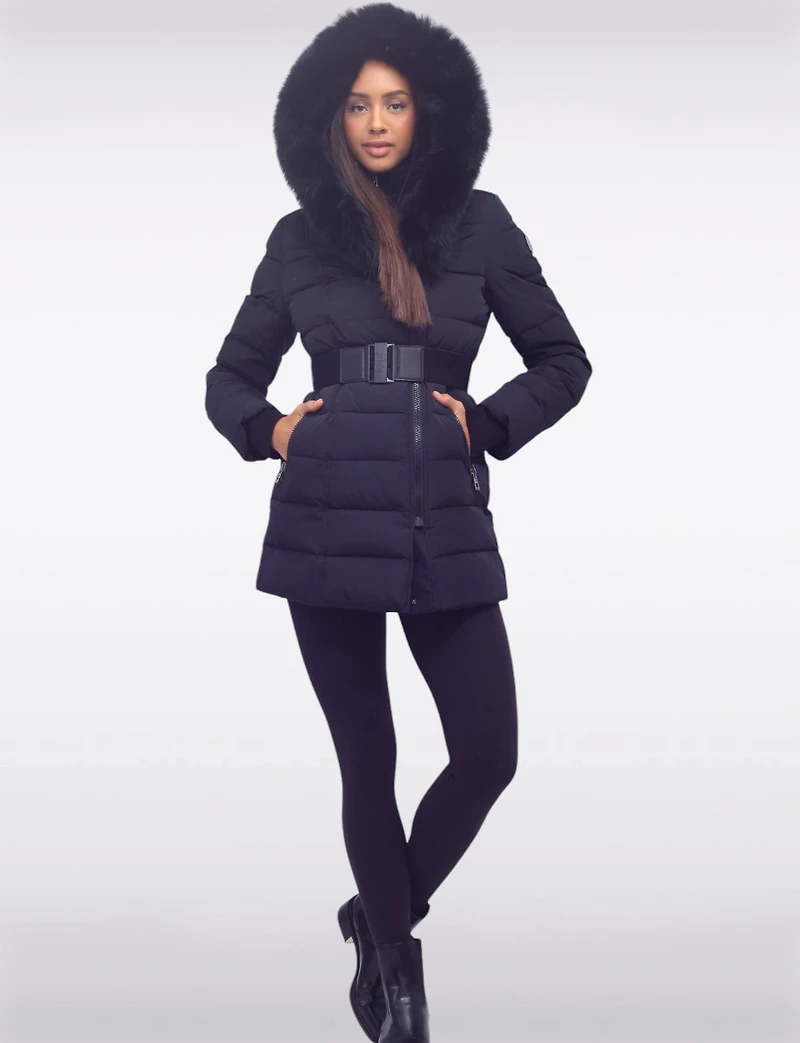 Vonne Quilted Cire Polyloft® Belted Hooded Coat with Genuine Fur Trim by Sokos