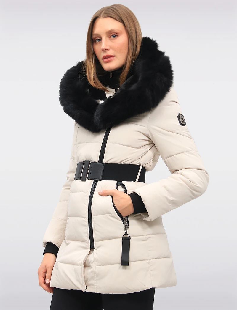 Vonne Quilted Cire Polyloft® Belted Hooded Coat with Genuine Fur Trim by Sokos