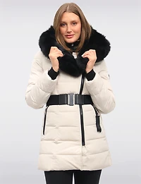 Vonne Quilted Cire Polyloft® Belted Hooded Coat with Genuine Fur Trim by Sokos