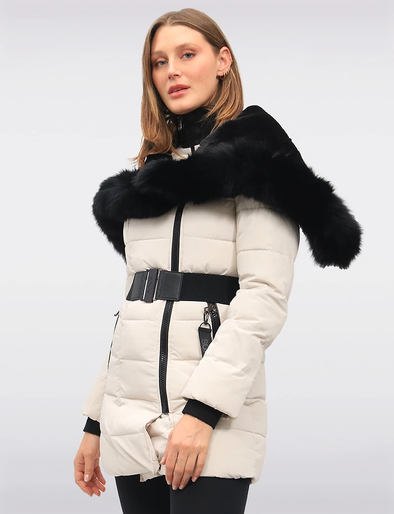 Vonne Quilted Cire Polyloft® Belted Hooded Coat with Genuine Fur Trim by Sokos
