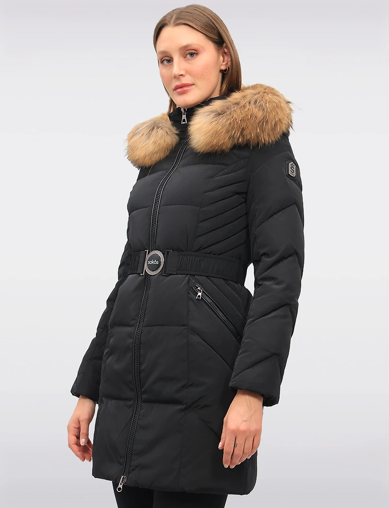 Joelle Elegant Quilted Coat with Elastic Belt and Genuine Fur Trim Hood by Sokos