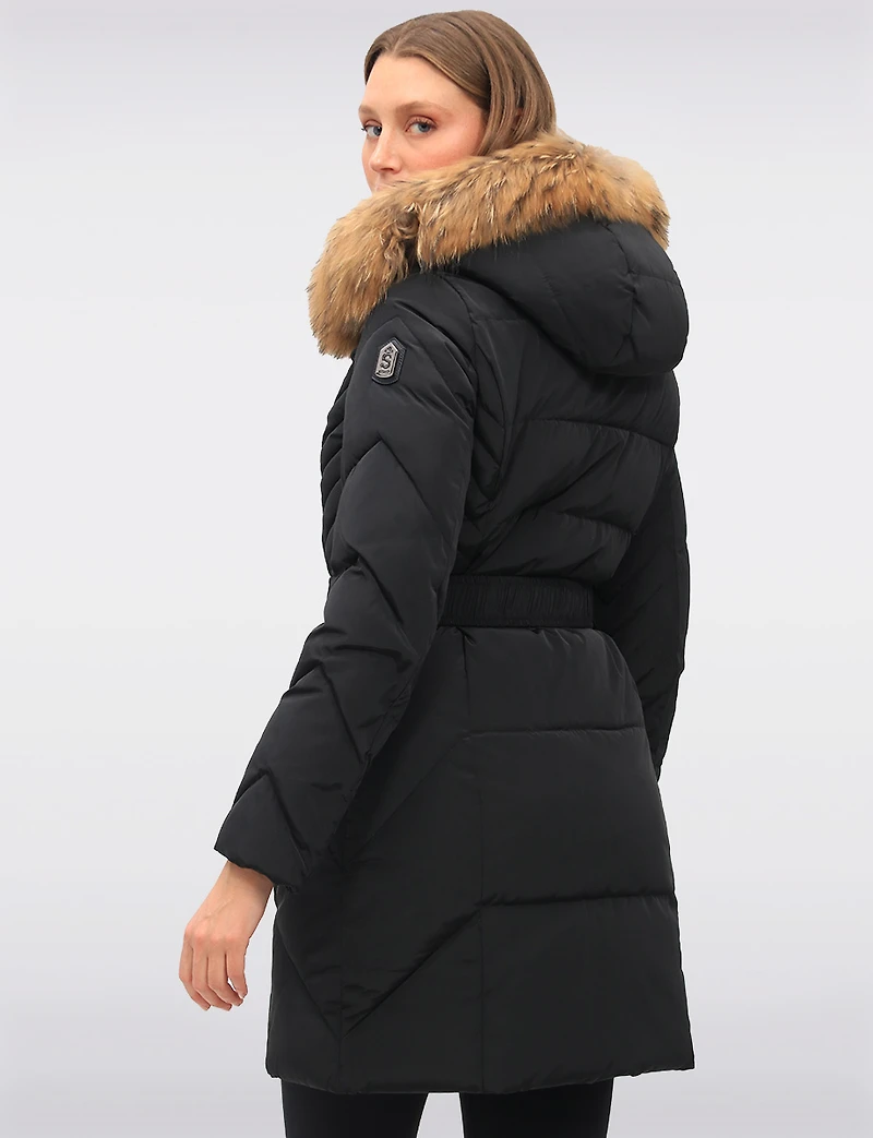 Joelle Elegant Quilted Coat with Elastic Belt and Genuine Fur Trim Hood by Sokos