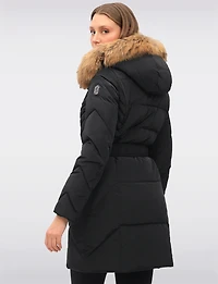 Joelle Elegant Quilted Coat with Elastic Belt and Genuine Fur Trim Hood by Sokos