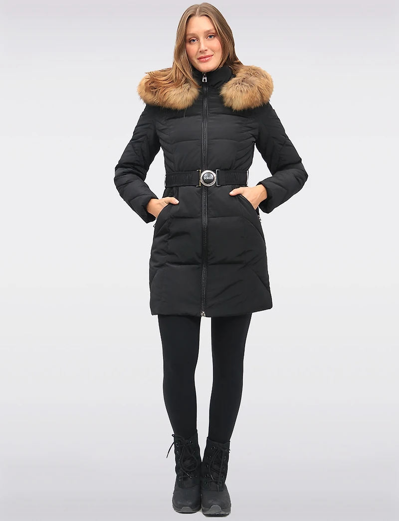 Joelle Elegant Quilted Coat with Elastic Belt and Genuine Fur Trim Hood by Sokos