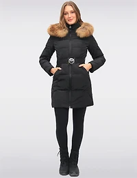 Joelle Elegant Quilted Coat with Elastic Belt and Genuine Fur Trim Hood by Sokos