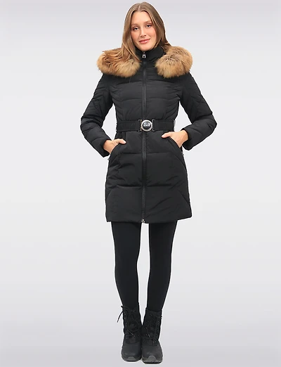 Joelle Elegant Quilted Coat with Elastic Belt and Genuine Fur Trim Hood by Sokos
