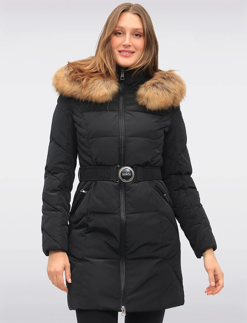 Joelle Elegant Quilted Coat with Elastic Belt and Genuine Fur Trim Hood by Sokos