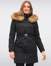 Joelle Elegant Quilted Coat with Elastic Belt and Genuine Fur Trim Hood by Sokos