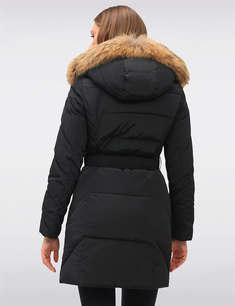 Joelle Elegant Quilted Coat with Elastic Belt and Genuine Fur Trim Hood by Sokos