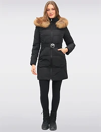 Joelle Elegant Quilted Coat with Elastic Belt and Genuine Fur Trim Hood by Sokos