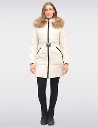 Joelle Elegant Quilted Coat with Elastic Belt and Genuine Fur Trim Hood by Sokos