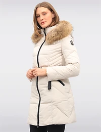 Joelle Elegant Quilted Coat with Elastic Belt and Genuine Fur Trim Hood by Sokos