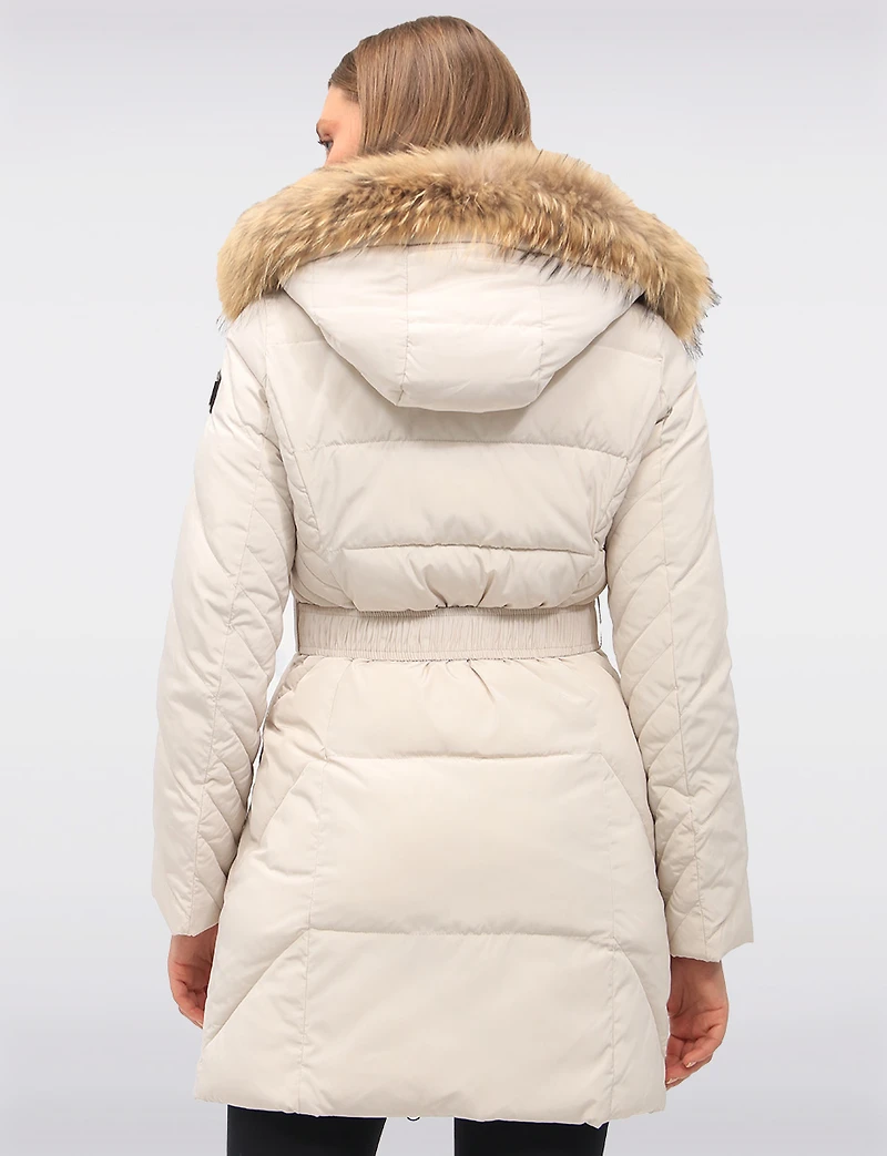 Joelle Elegant Quilted Coat with Elastic Belt and Genuine Fur Trim Hood by Sokos