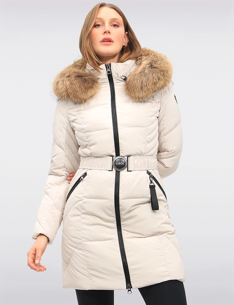 Joelle Elegant Quilted Coat with Elastic Belt and Genuine Fur Trim Hood by Sokos