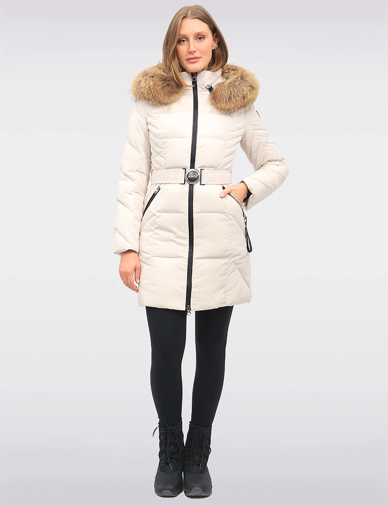 Joelle Elegant Quilted Coat with Elastic Belt and Genuine Fur Trim Hood by Sokos