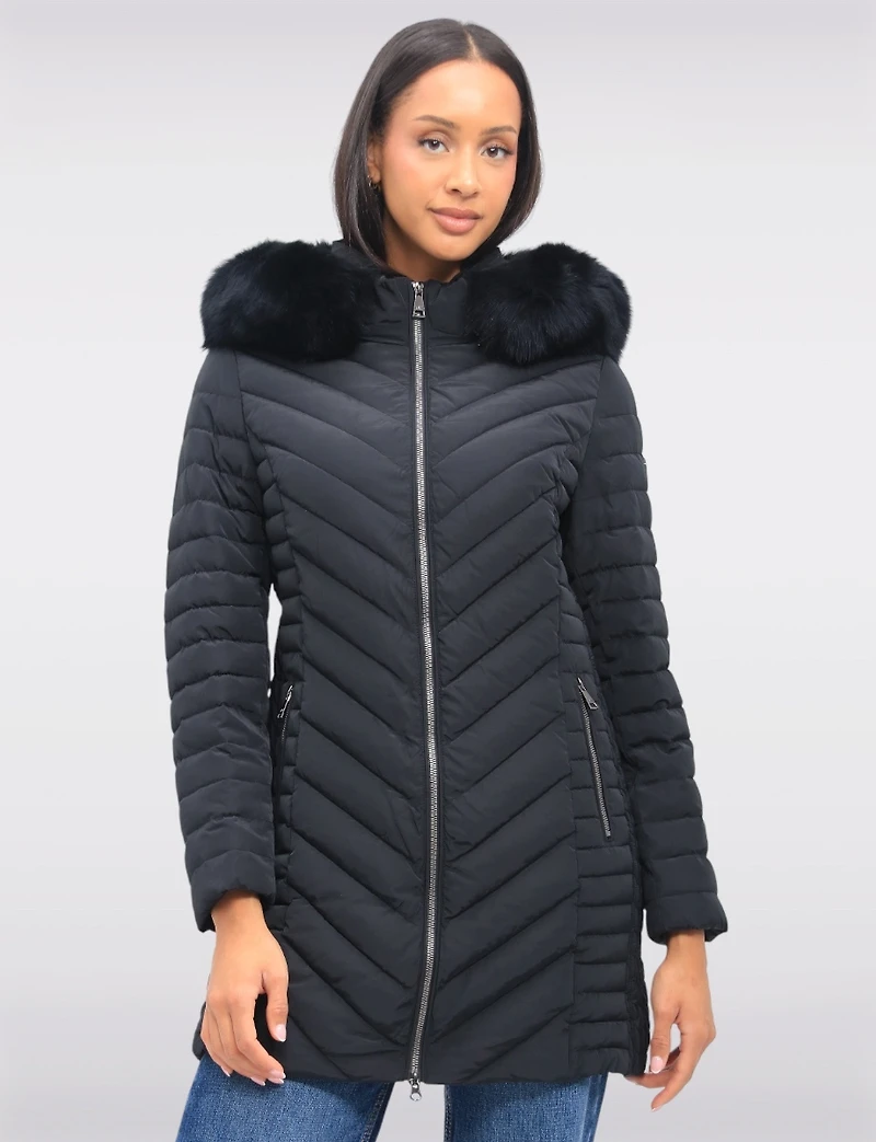 Elodie Lightweight Braided Quilted Jacket with Genuine Fur Trim Hood by Sokos