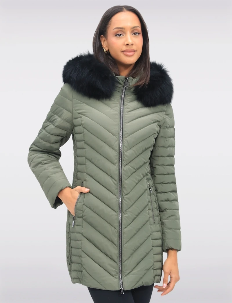 Elodie Lightweight Braided Quilted Jacket with Genuine Fur Trim Hood by Sokos