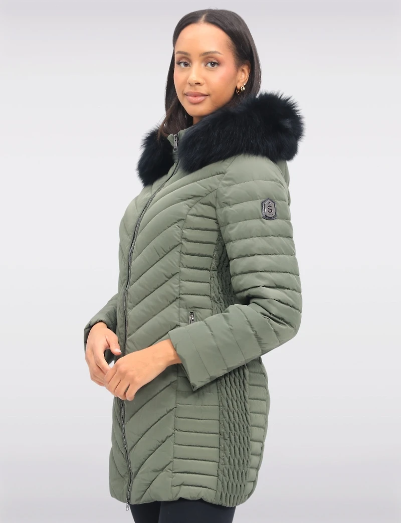 Elodie Lightweight Braided Quilted Jacket with Genuine Fur Trim Hood by Sokos
