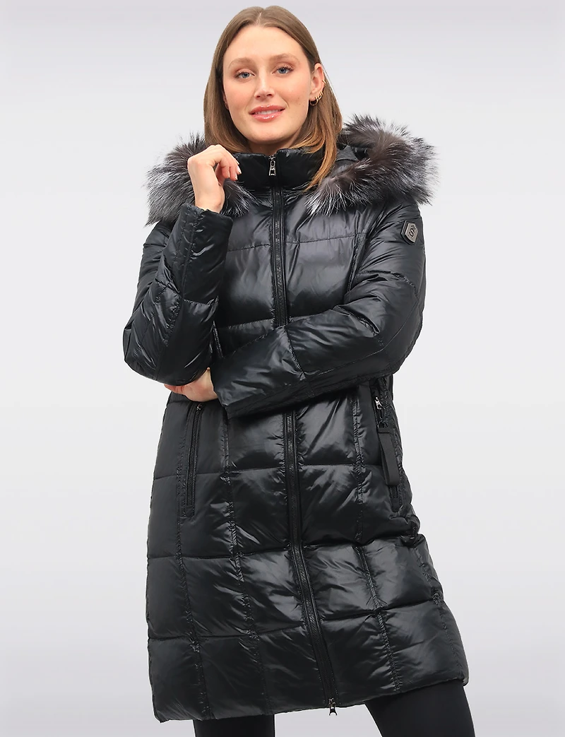Beatrice Shiny Ciré Quilted Puffer Coat with Genuine Fur Trim Hood by Sokos