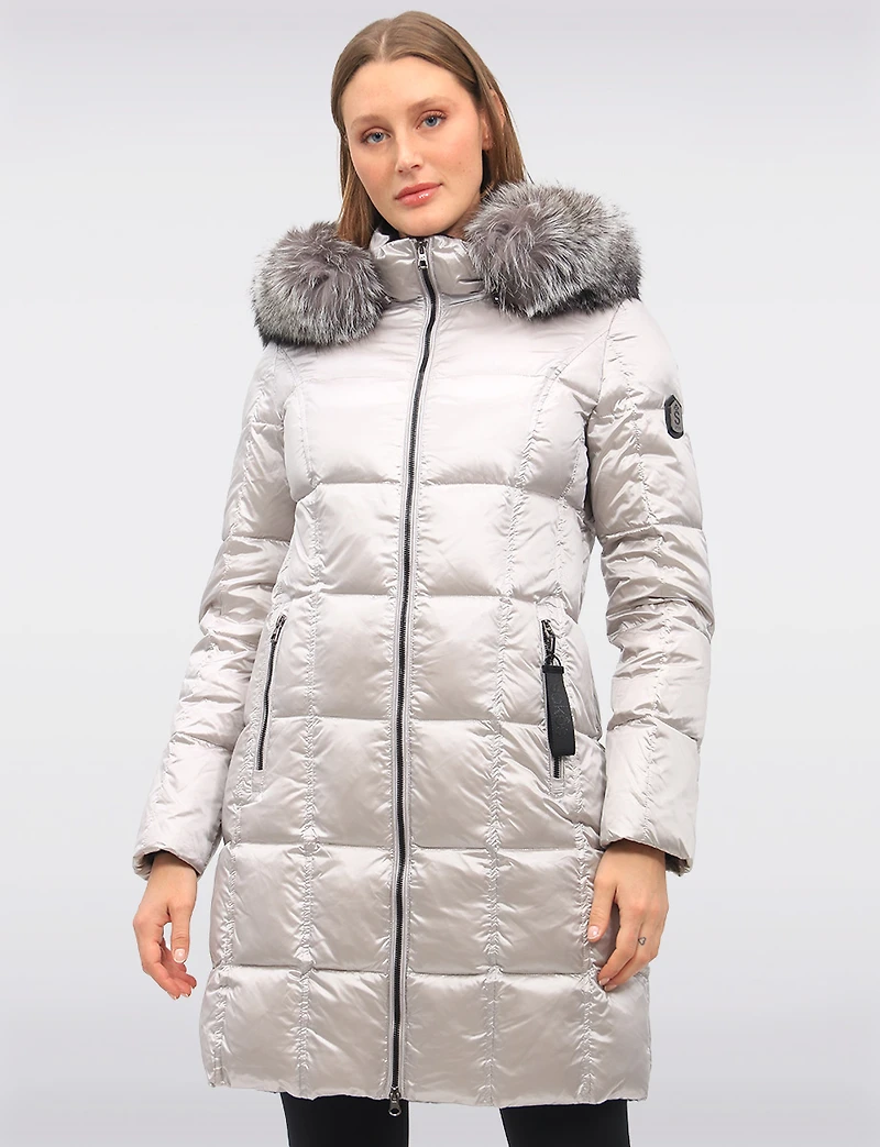 Beatrice Shiny Ciré Quilted Puffer Coat with Genuine Fur Trim Hood by Sokos