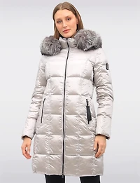 Beatrice Shiny Ciré Quilted Puffer Coat with Genuine Fur Trim Hood by Sokos