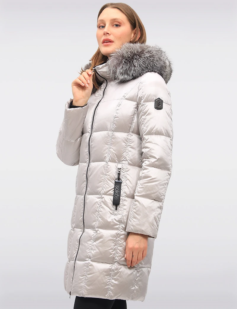 Beatrice Shiny Ciré Quilted Puffer Coat with Genuine Fur Trim Hood by Sokos