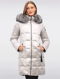 Beatrice Shiny Ciré Quilted Puffer Coat with Genuine Fur Trim Hood by Sokos