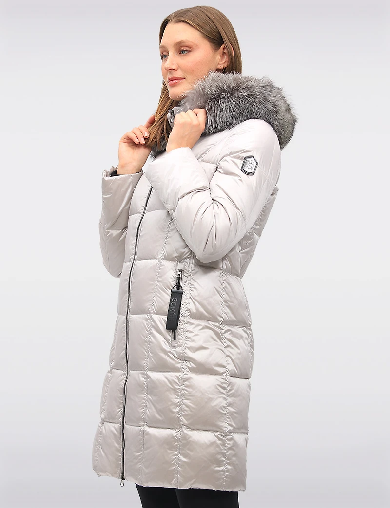 Beatrice Shiny Ciré Quilted Puffer Coat with Genuine Fur Trim Hood by Sokos